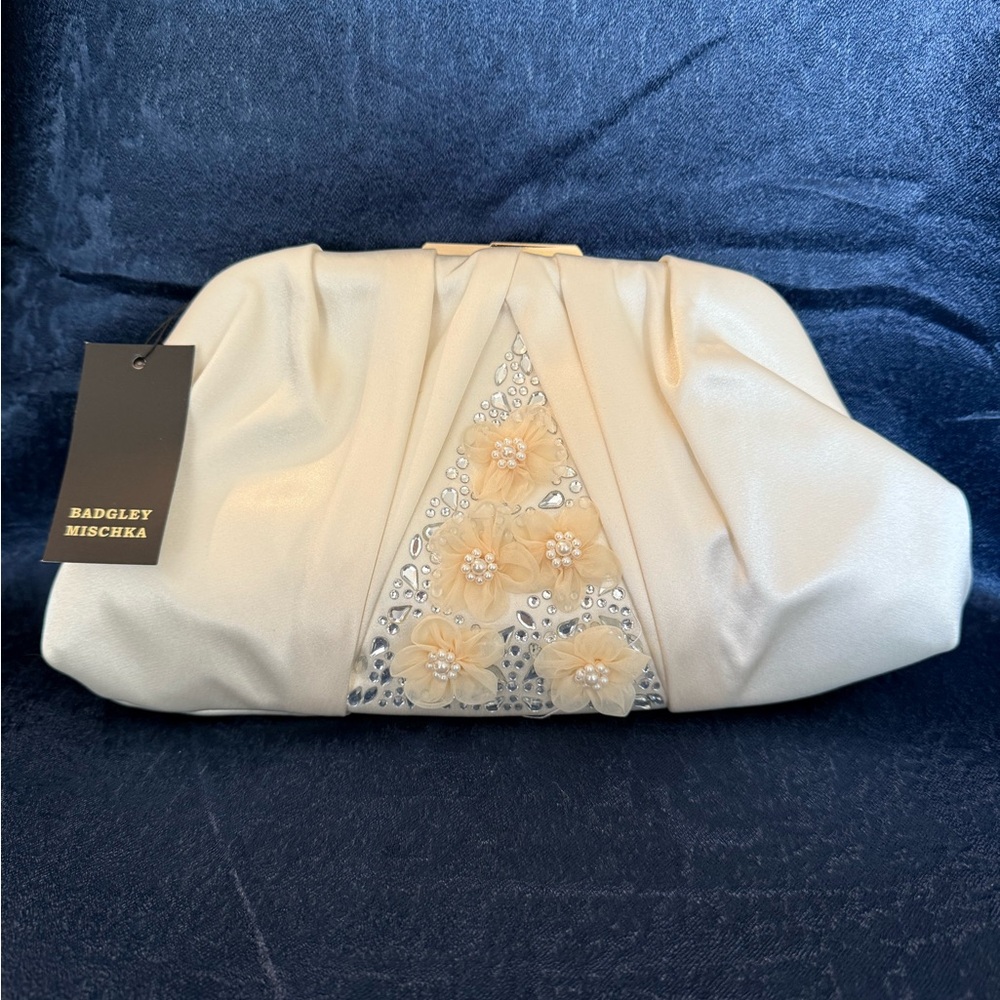Badgley Mischka Satin Cream Clutch with Crystal Embellishments